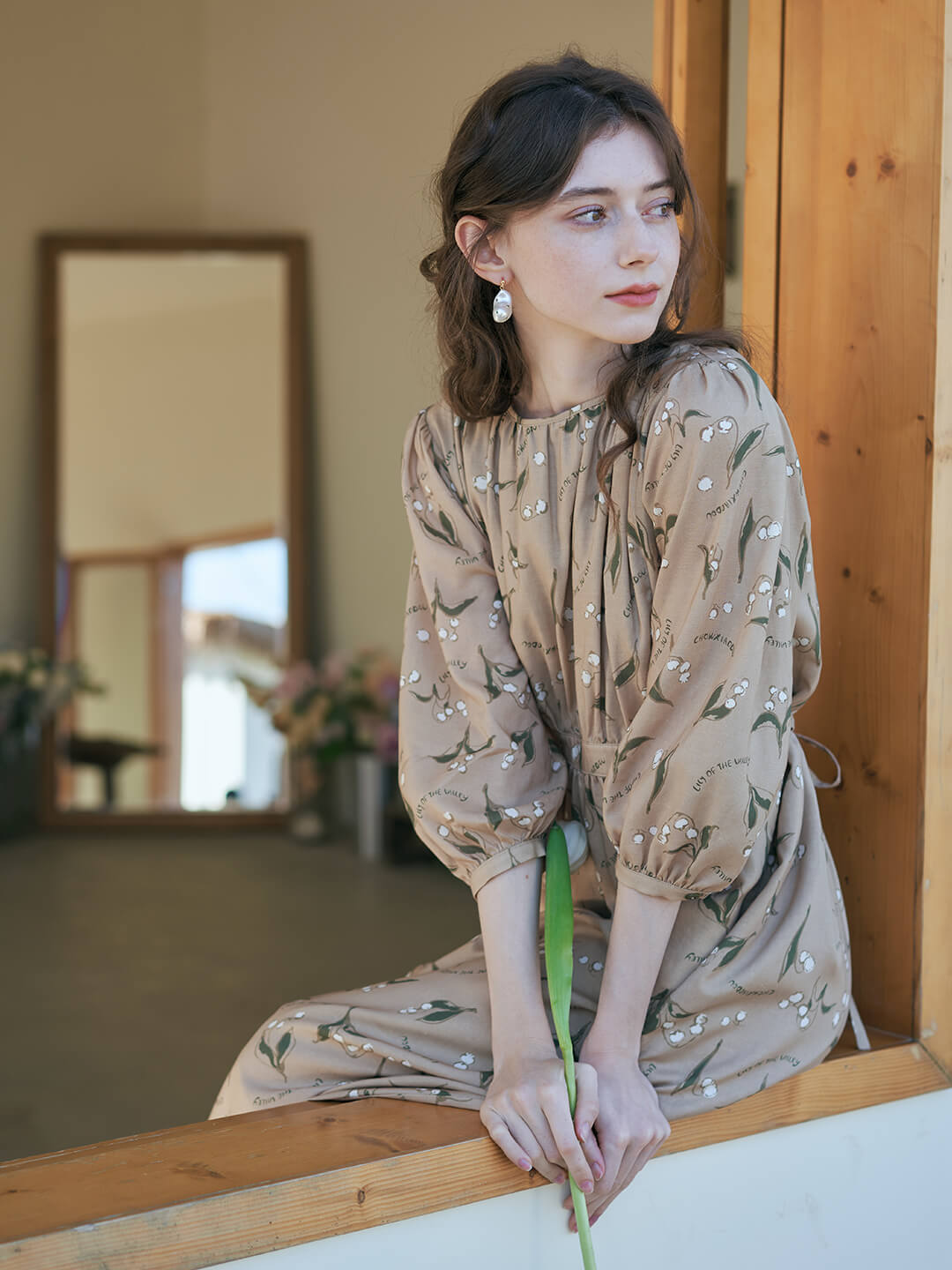 Convallaria Chowxiaodou Printed Khaki Midi Dress/Simple Retro/55181