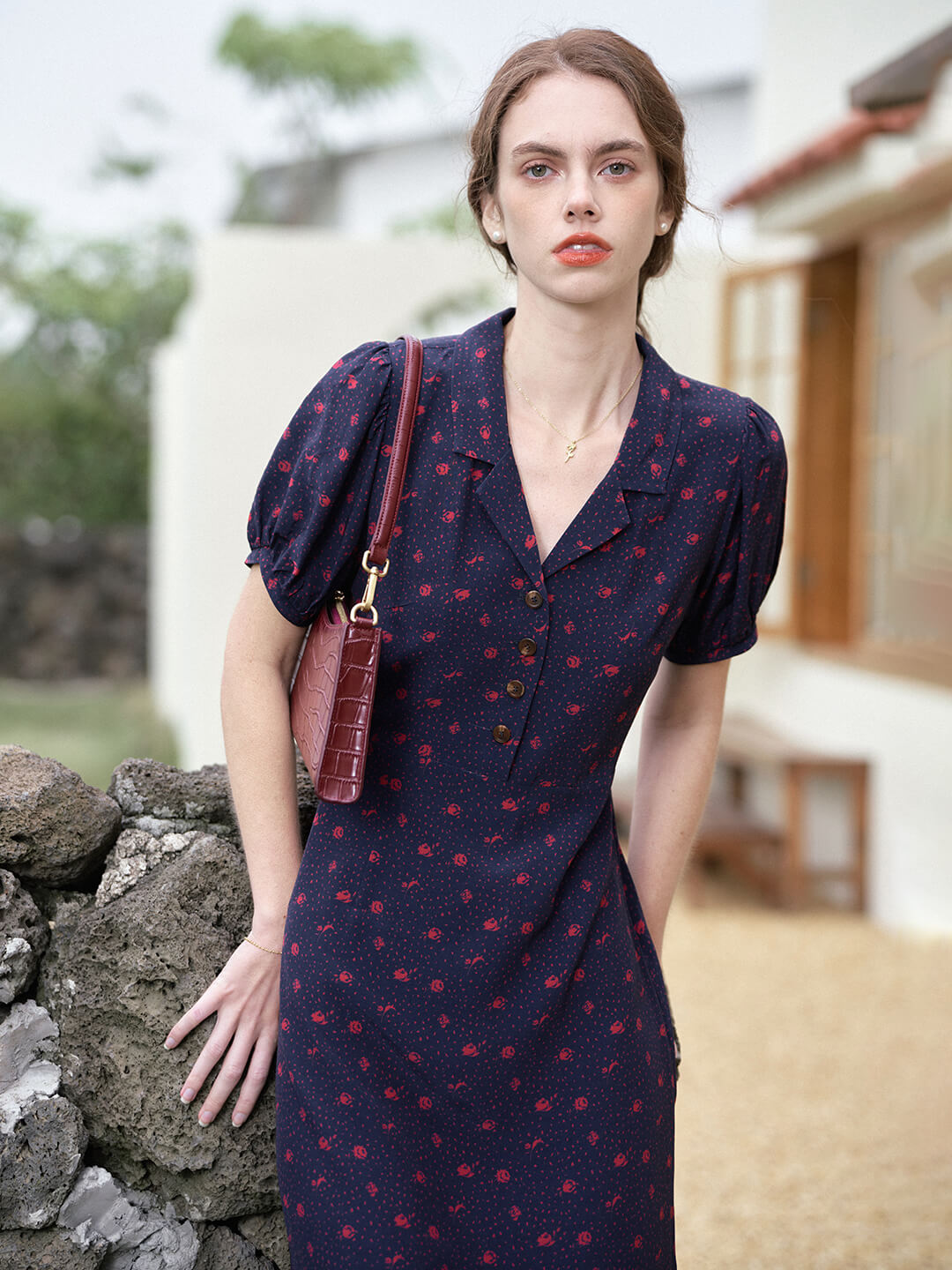 【Final Sale】Madeleine Vintage V Neck Puff Sleeve Dress