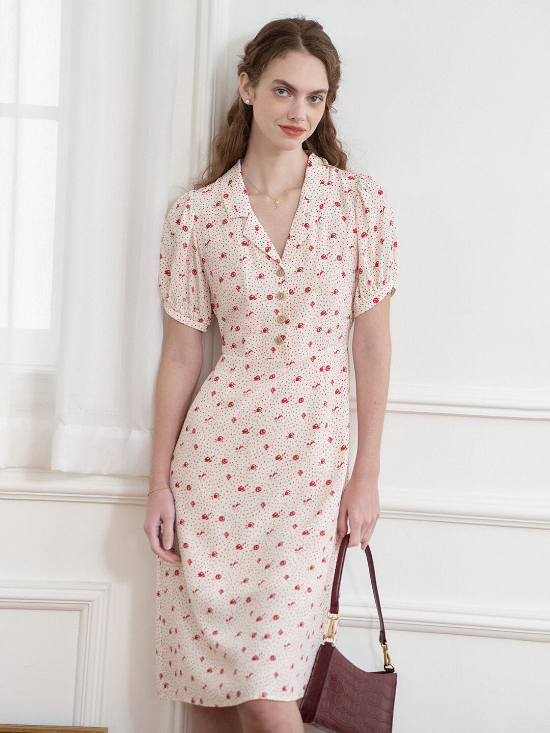 【Final Sale】Madeleine Vintage V Neck Puff Sleeve Dress