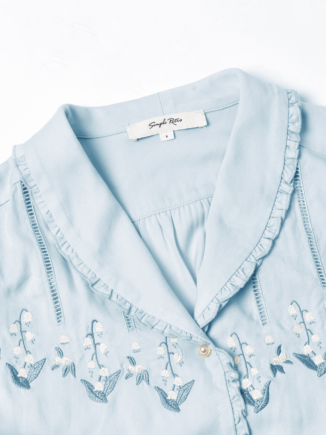 Convallaria Floral Embroidered Blue Puff Top