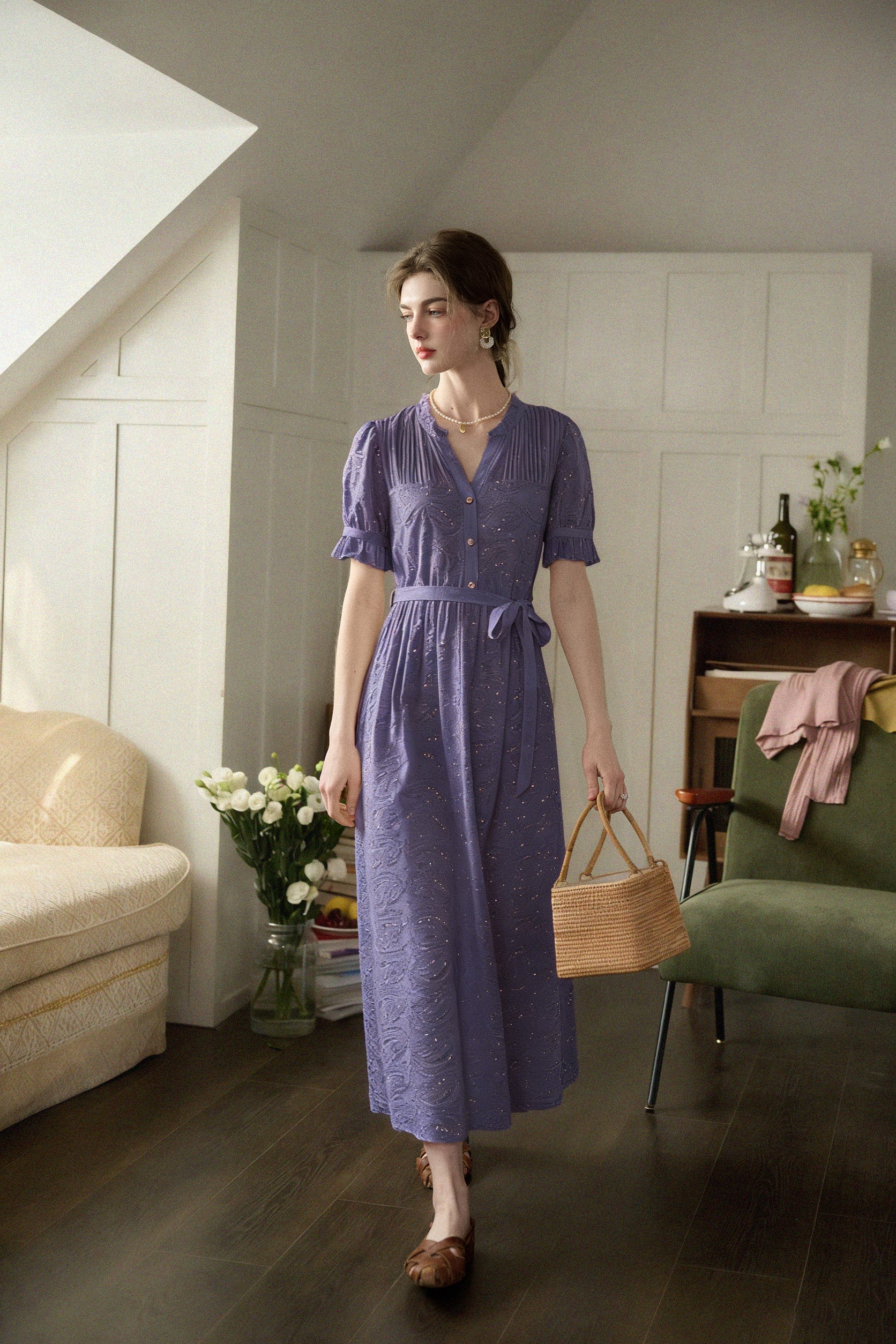 【Final Sale】Aitana Rose Embroidered V-neck Puff Sleeve Lace Cotton Dress