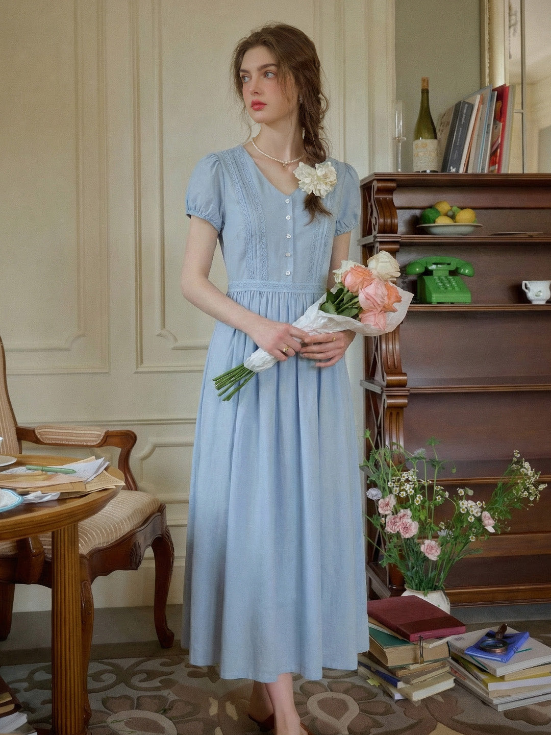 Bailee V-Neck Puff Sleeves Dress