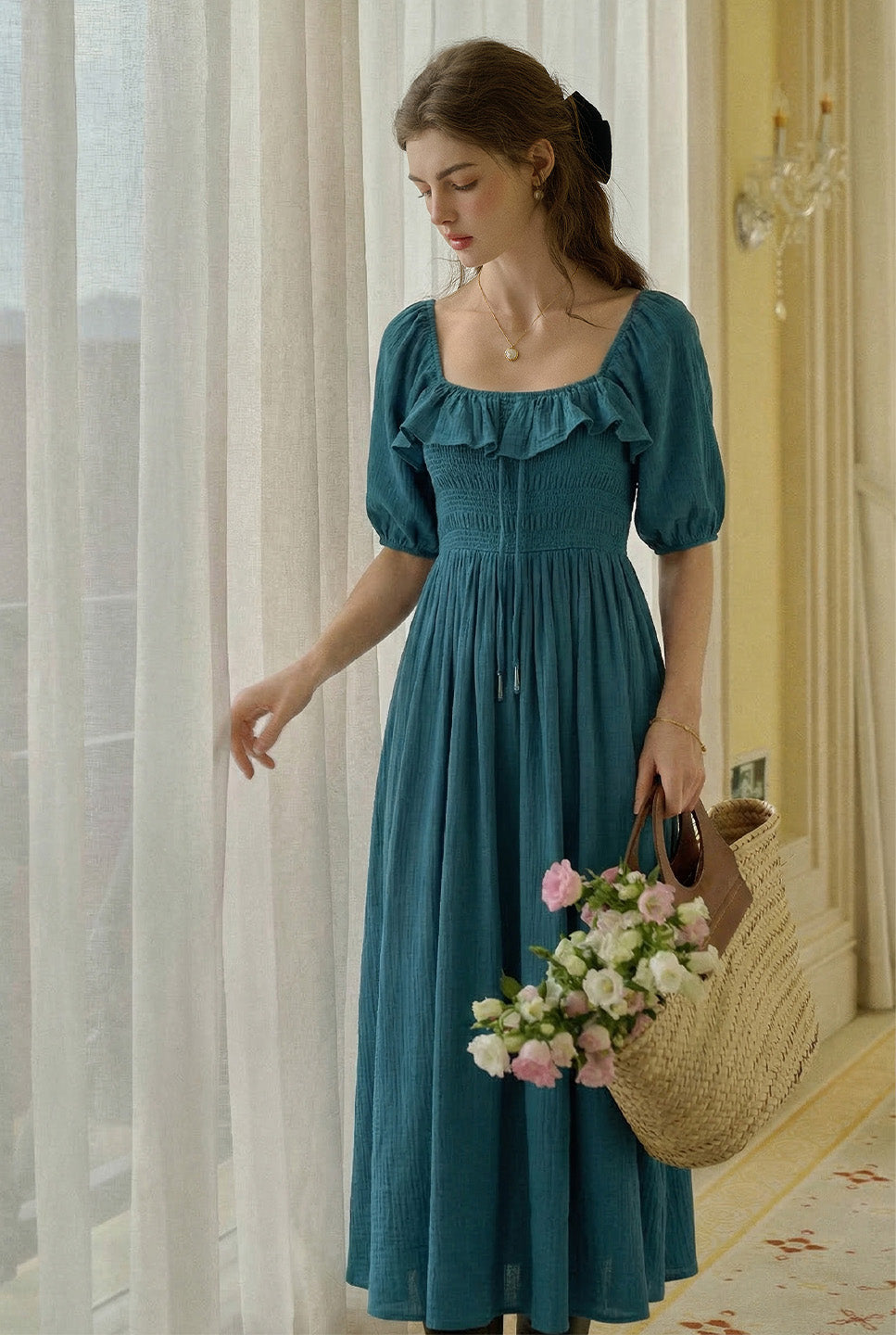 Zariah Square Neck Shirred Dress