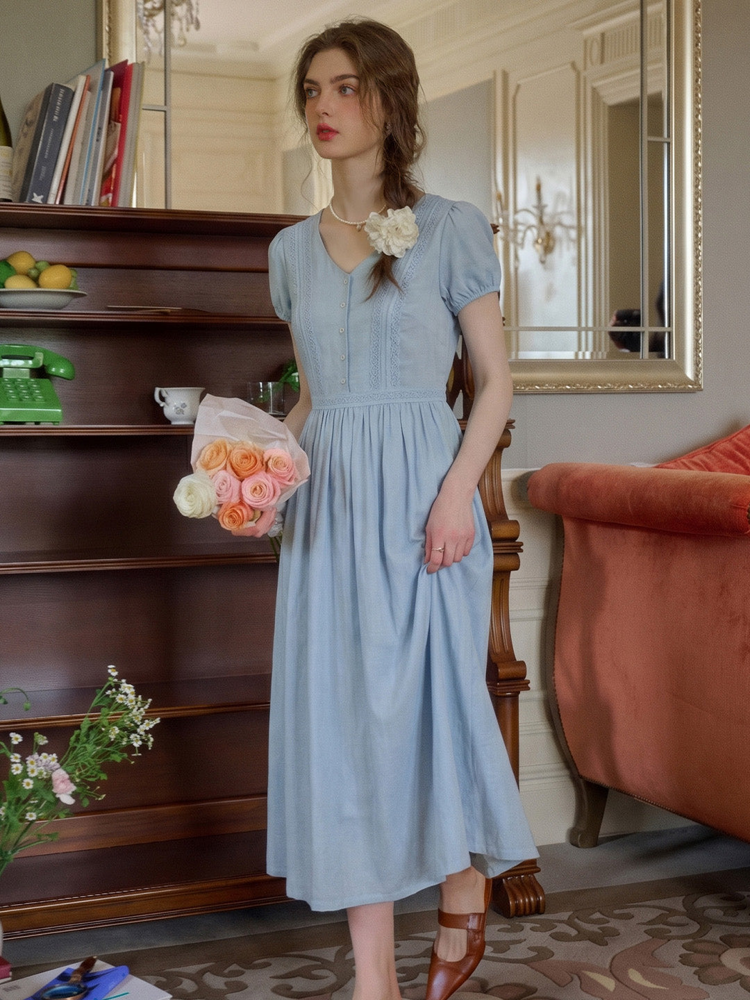 Bailee V-Neck Puff Sleeves Dress