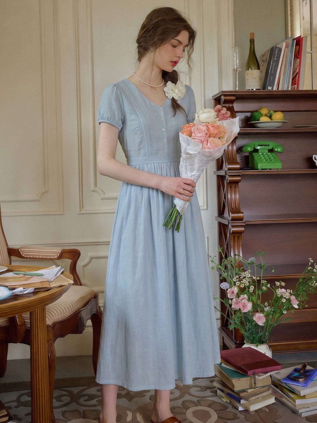 Bailee V-Neck Puff Sleeves Dress