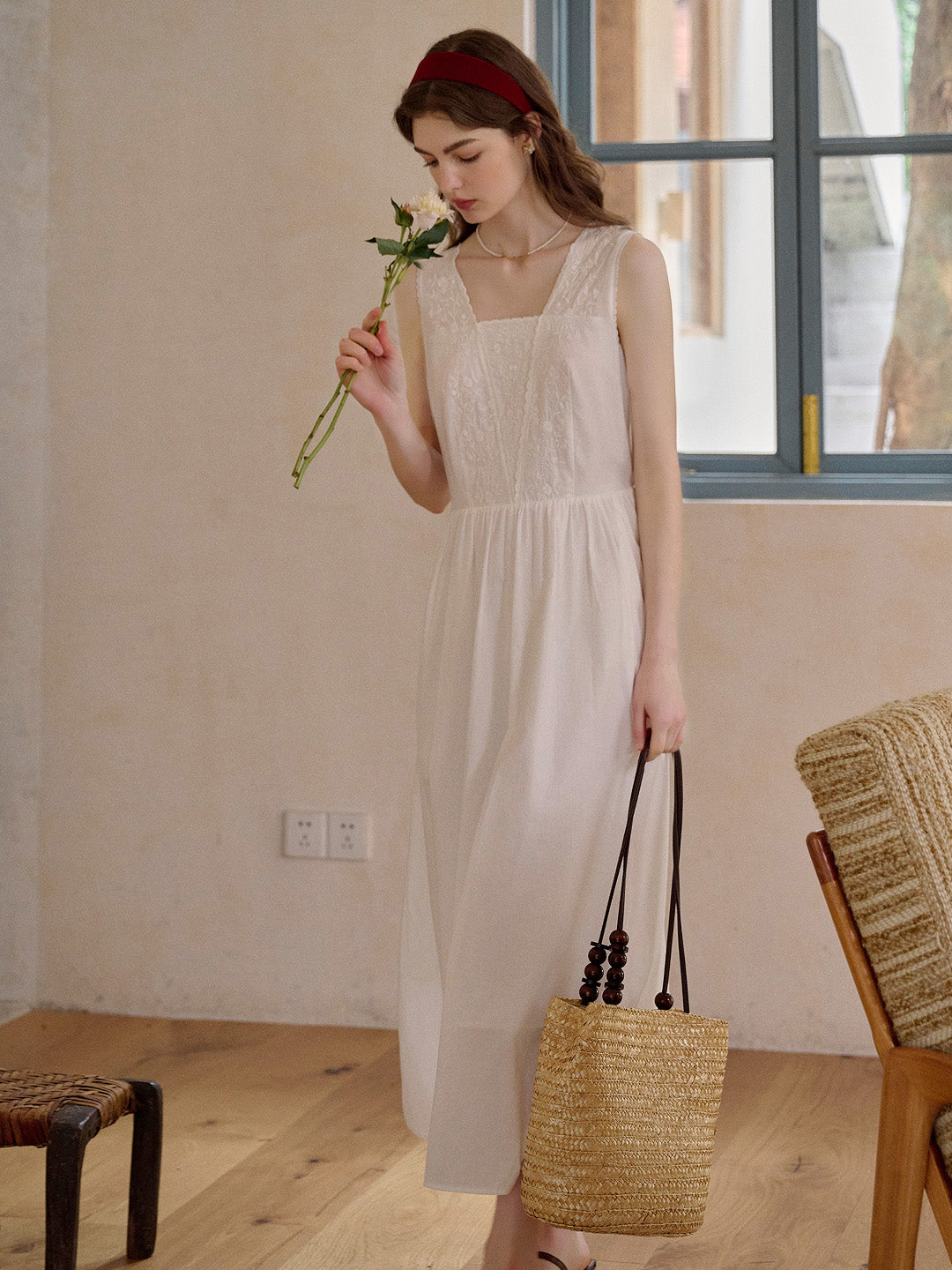 May Square Neck Embroidery 100% Cotton Sleeveless Dress