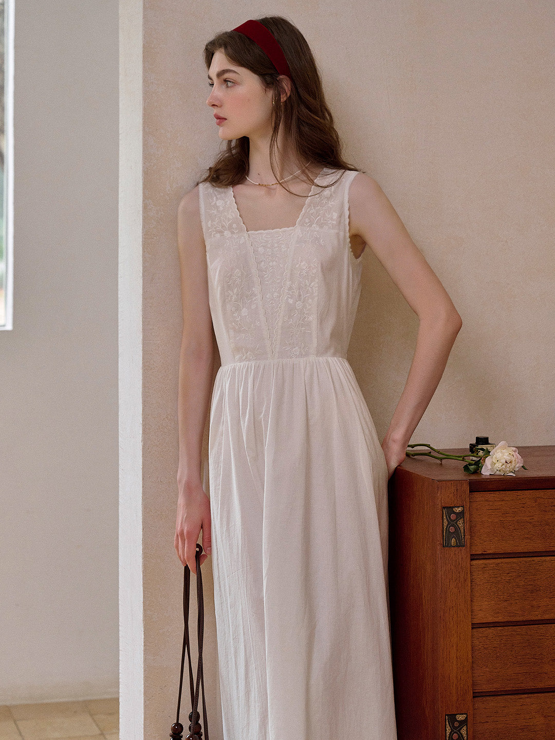 May Square Neck Embroidery 100% Cotton Sleeveless Dress