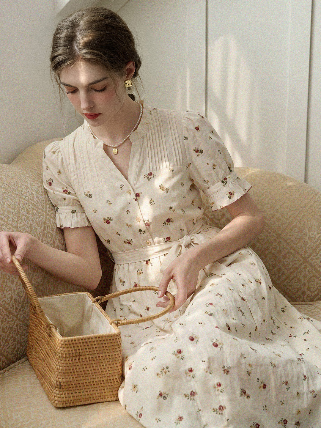 Aitana Rose Embroidered V-neck Puff Sleeve Lace Cotton Dress