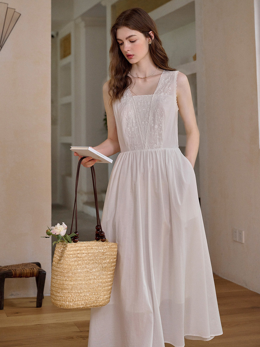 cotton sleeveless dress Grace Sleeveless Dress, Eyelet Midi Dress, White main image 1