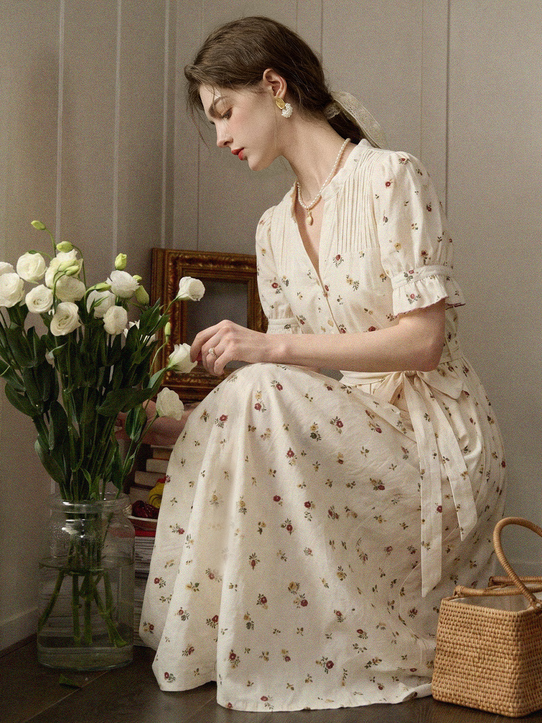 Aitana Rose Embroidered V-neck Puff Sleeve Lace Cotton Dress