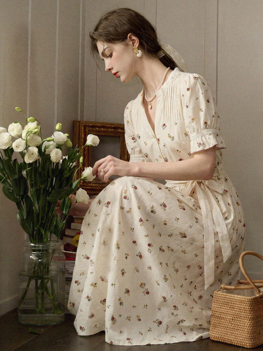 Aitana Rose Embroidered V-neck Puff Sleeve Lace Cotton Dress
