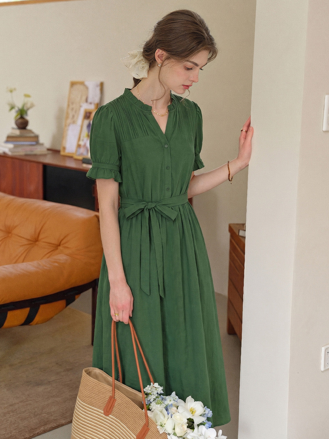 Aitana Rose Embroidered V-neck Puff Sleeve Lace Cotton Dress