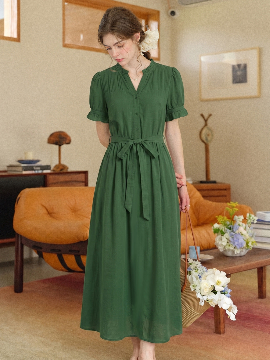 Aitana Rose Embroidered V-neck Puff Sleeve Lace Cotton Dress