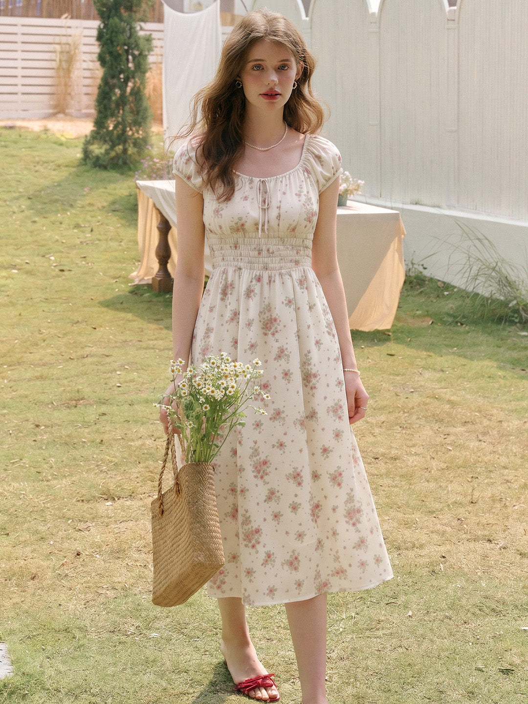 Sapphire Round Neck Waist Floral Dress