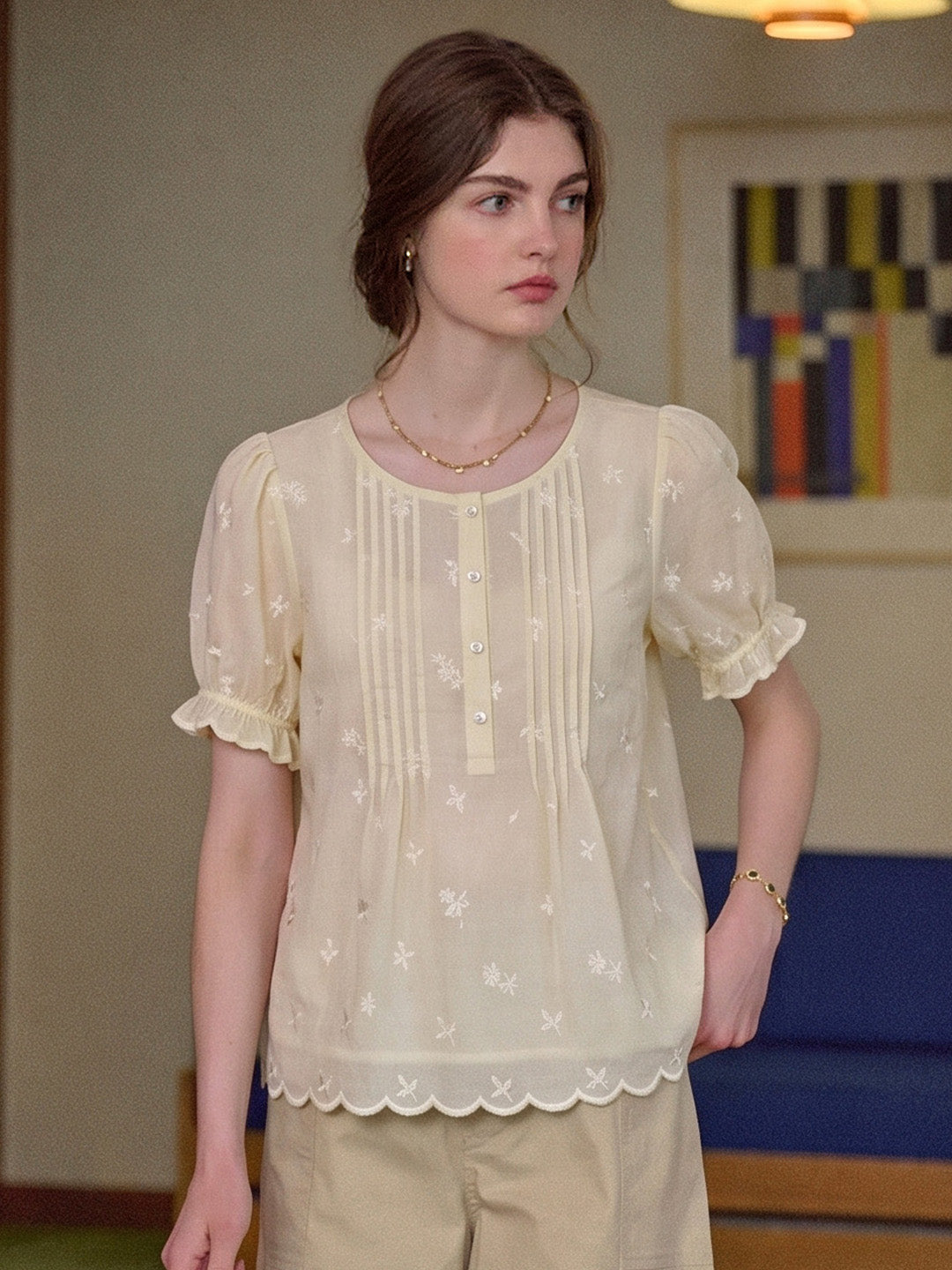 Moon Round Neck Embroidered Blouse