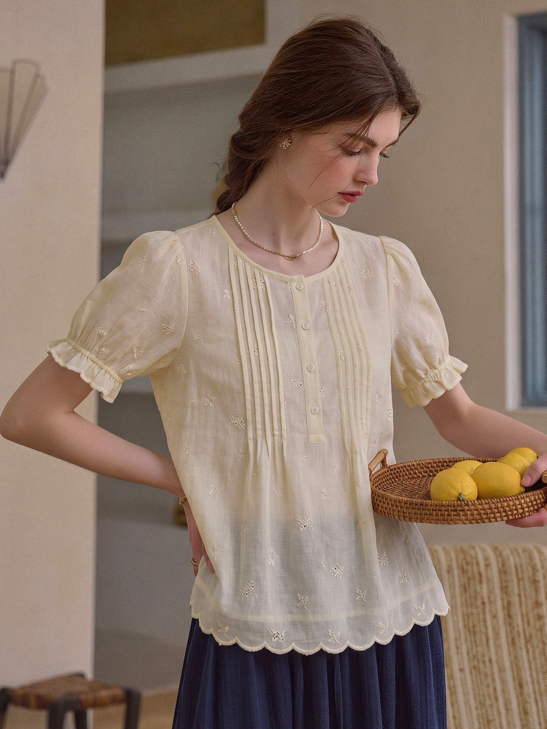 Moon Round Neck Embroidered Blouse