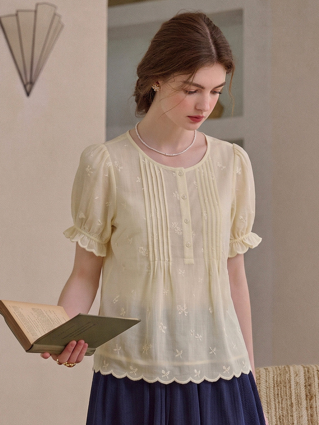 Moon Round Neck Embroidered Blouse