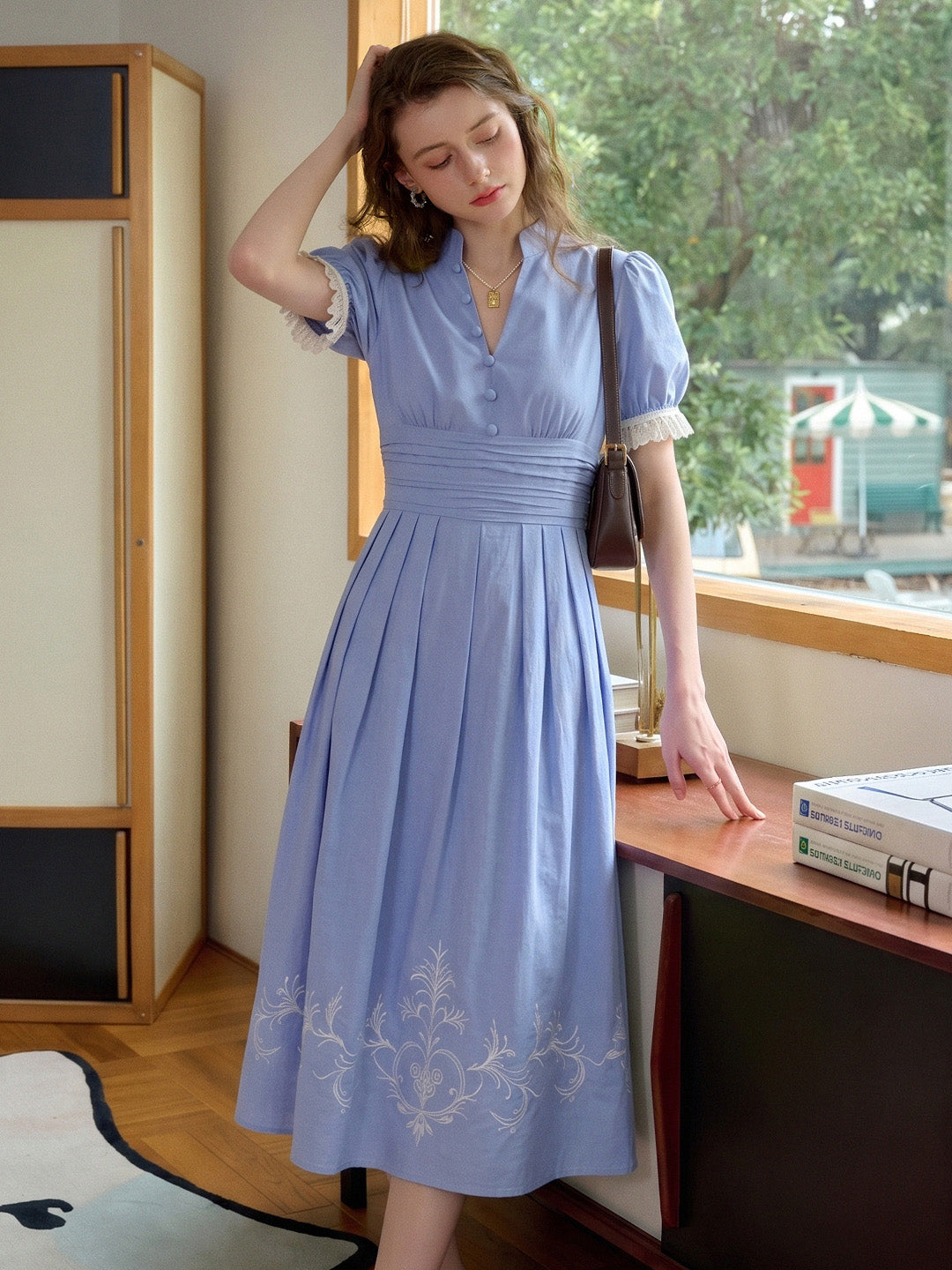 Ocean V-Neck Puff Sleeves 100% Cotton Dress, Blue / XS Ocean V-Neck Puff Sleeves 100% Cotton Dress, Blue / XS