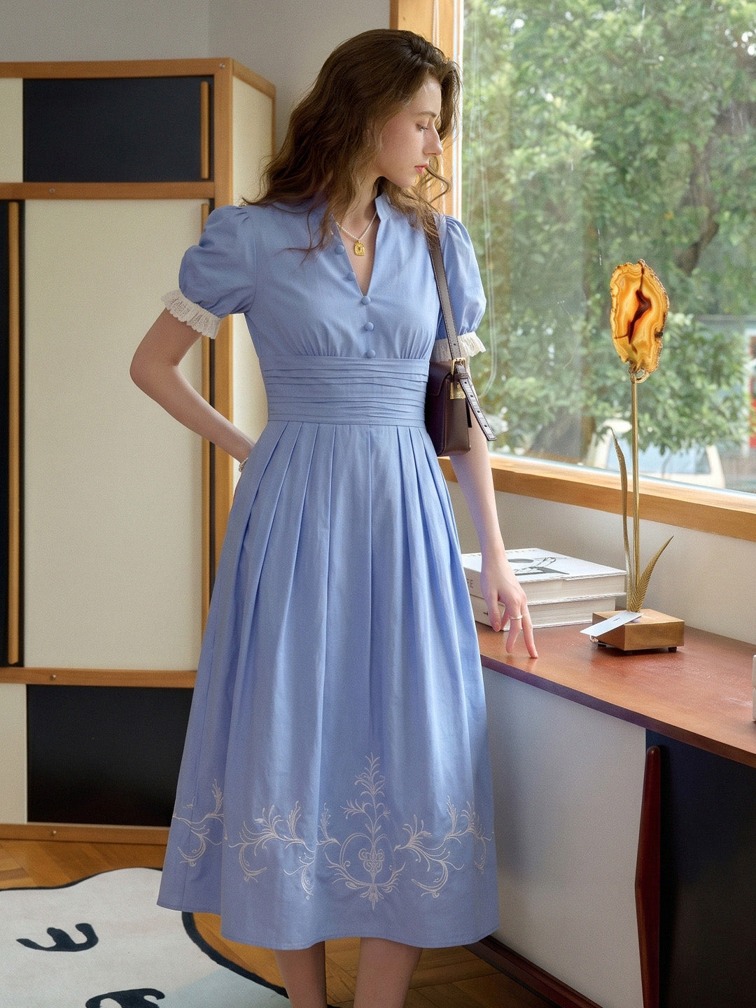 cotton dress with sleeves Ocean V-Neck Puff Sleeves 100% Cotton Dress