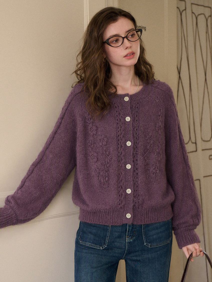 Bernice Round Neck Floral Cable Knit Cardigan