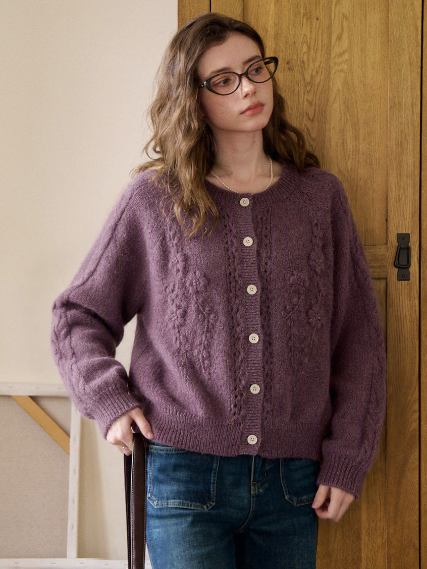 Bernice Round Neck Floral Cable Knit Cardigan