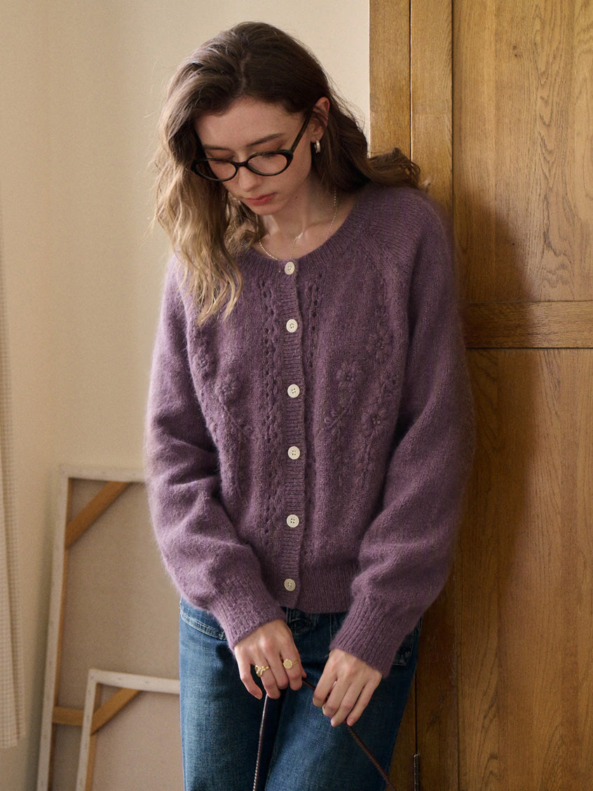Bernice Round Neck Floral Cable Knit Cardigan
