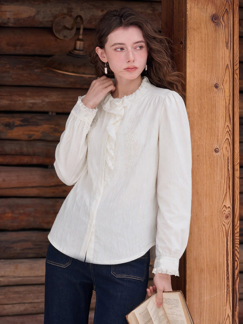 Hermosa French Embroidery Ruffle Collar Blouse