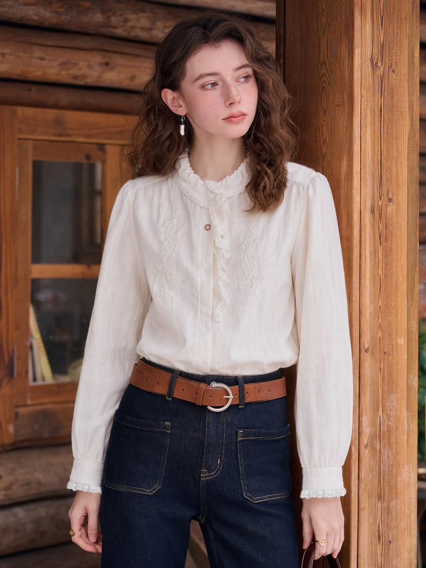 Hermosa French Embroidery Ruffle Collar Blouse