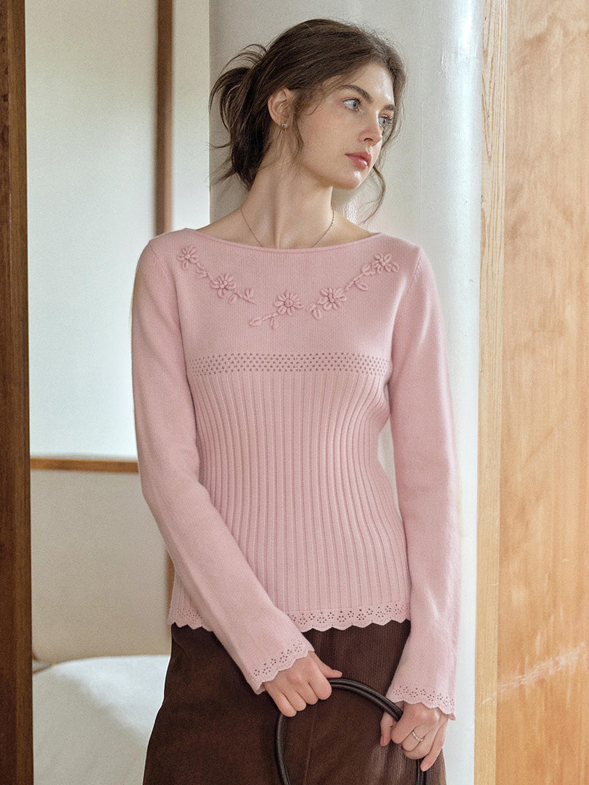 Pansy Floral-Embroidered Boat-Neck Knit Top