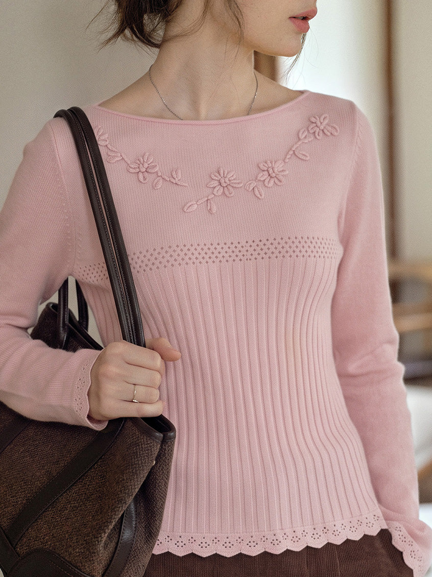 Pansy Floral-Embroidered Boat-Neck Knit Top