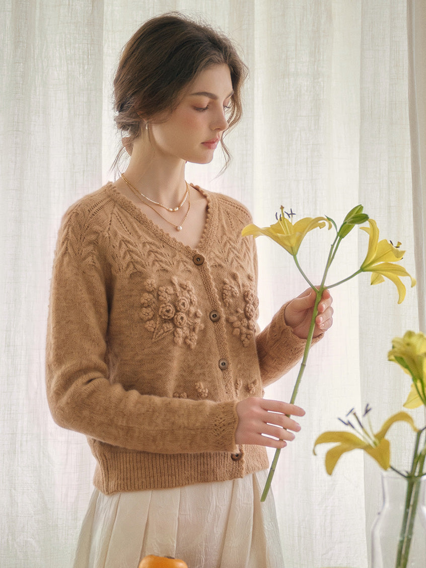 Ottilie Embroidered Rose V-Neck Cable Cardigan