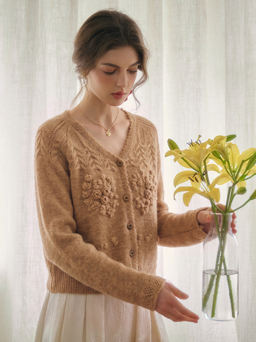 Ottilie Embroidered Rose V-Neck Cable Cardigan