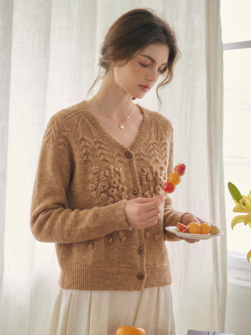 Ottilie Embroidered Rose V-Neck Cable Cardigan