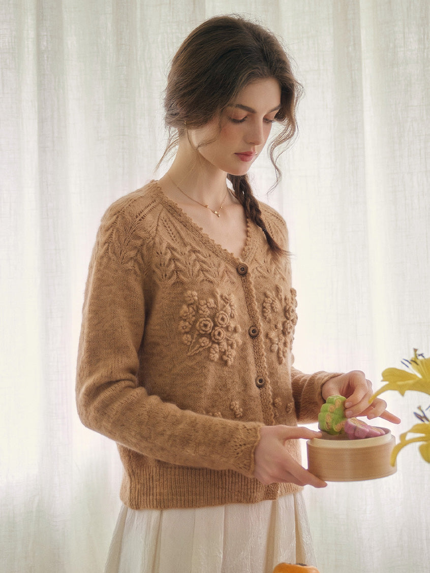 Ottilie Embroidered Rose V-Neck Cable Cardigan