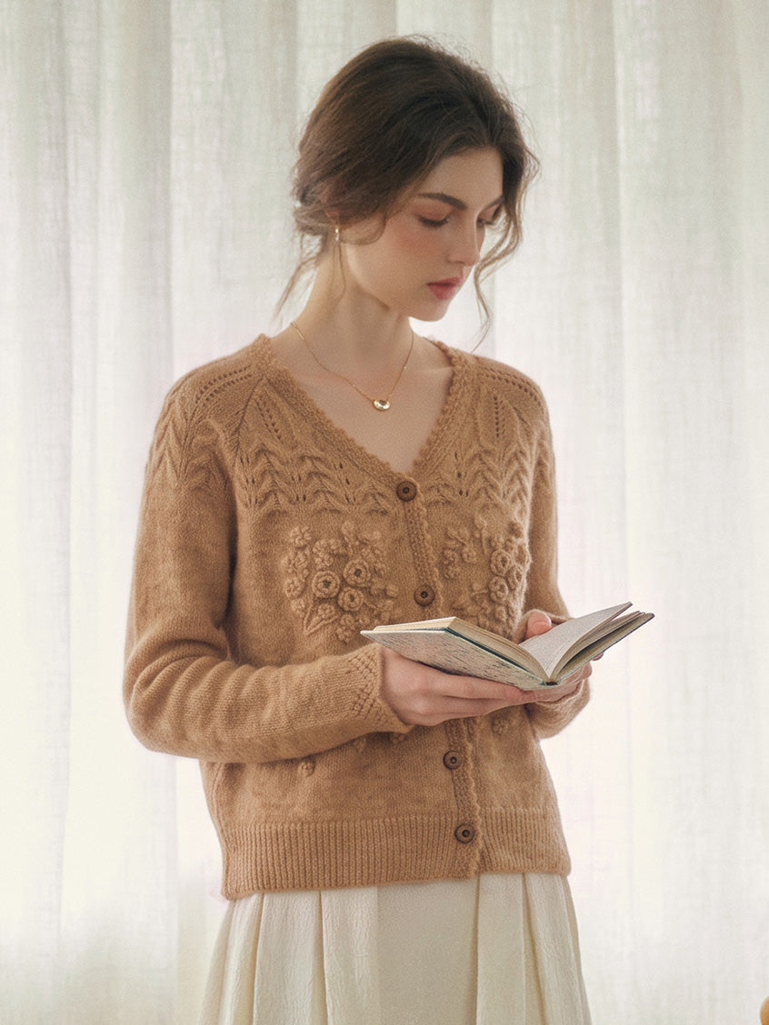 Ottilie Embroidered Rose V-Neck Cable Cardigan