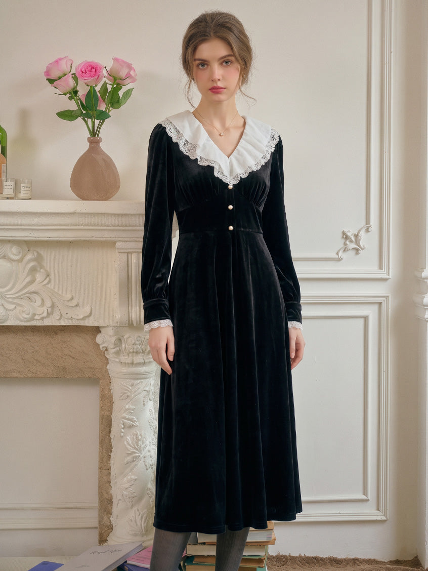 Irisa Victorian Contrast Lace-Collar Velvet Dress