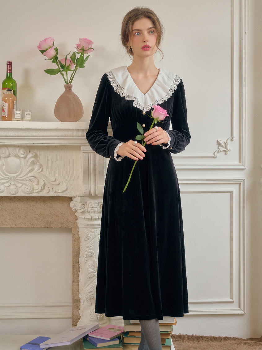 Irisa Victorian Contrast Lace-Collar Velvet Dress