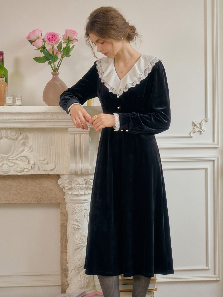 Irisa Victorian Contrast Lace-Collar Velvet Dress