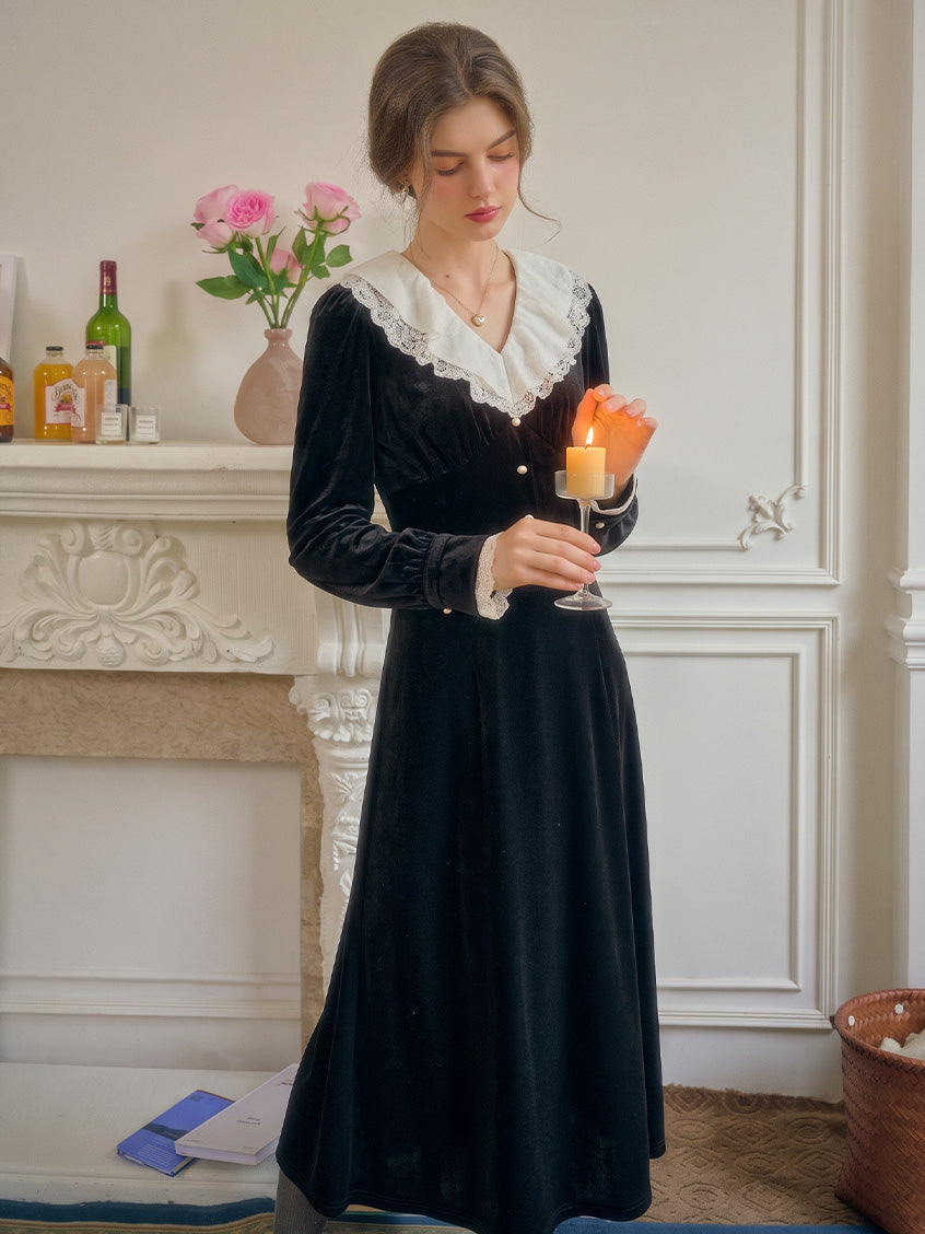 Irisa Victorian Contrast Lace-Collar Velvet Dress