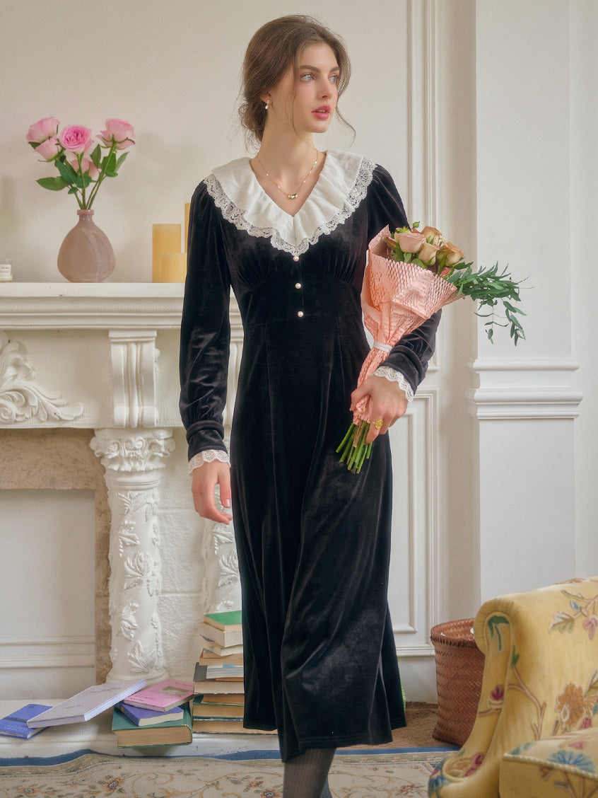 Irisa Victorian Contrast Lace-Collar Velvet Dress