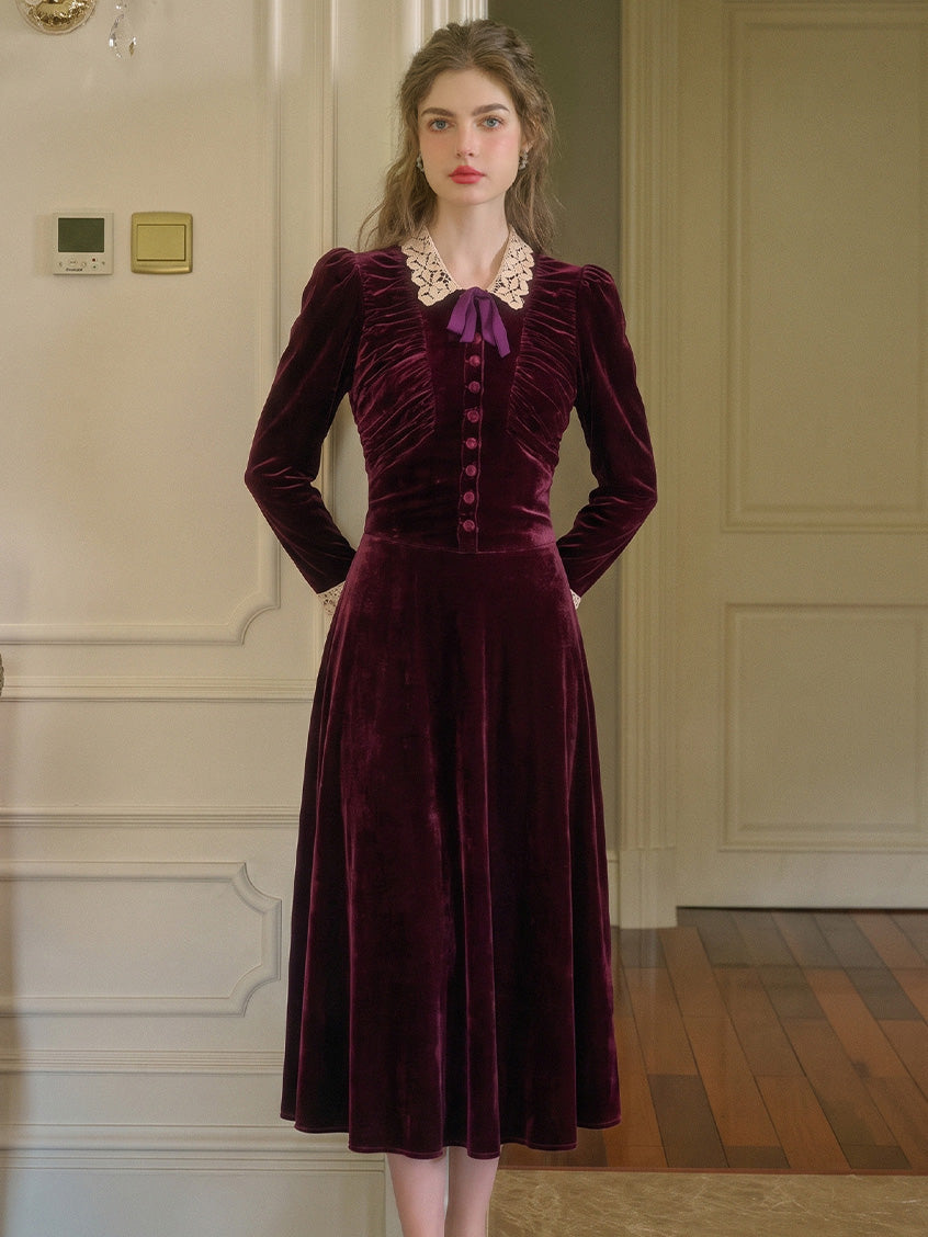 Rosalind Lace-Collar Vintage Velvet Dress