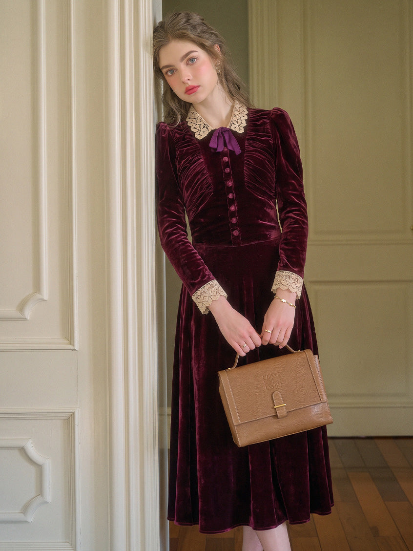 Rosalind Lace-Collar Vintage Velvet Dress
