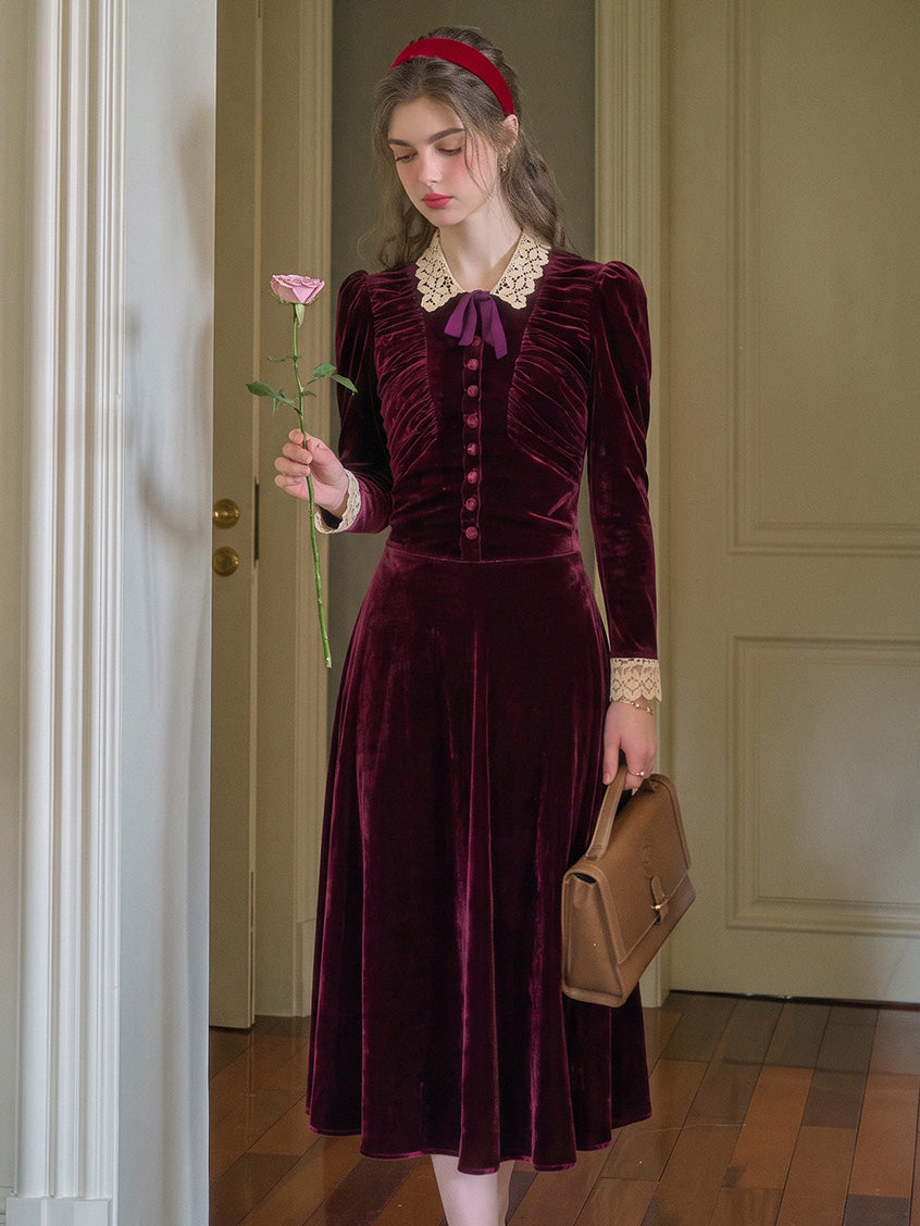 Rosalind Lace-Collar Vintage Velvet Dress