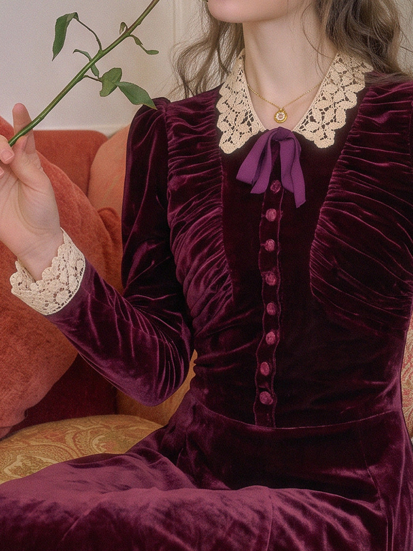 Rosalind Lace-Collar Vintage Velvet Dress