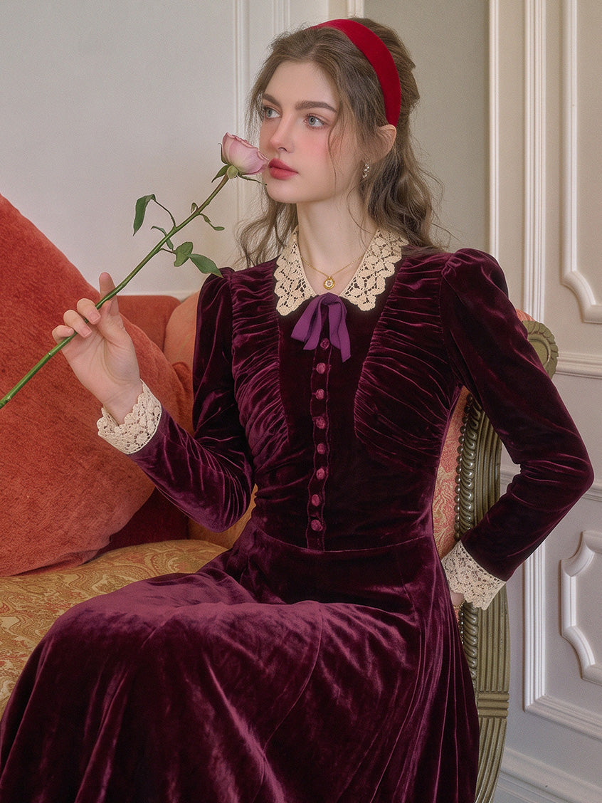 Rosalind Lace-Collar Vintage Velvet Dress