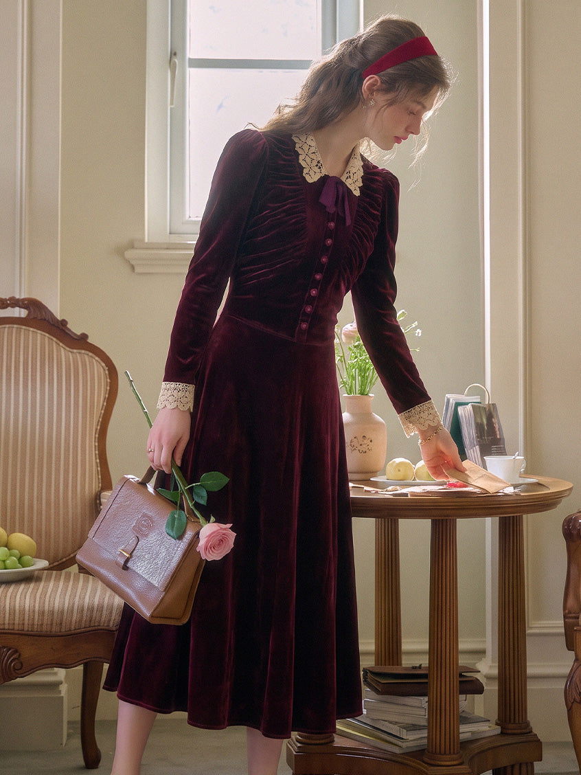 Rosalind Lace-Collar Vintage Velvet Dress