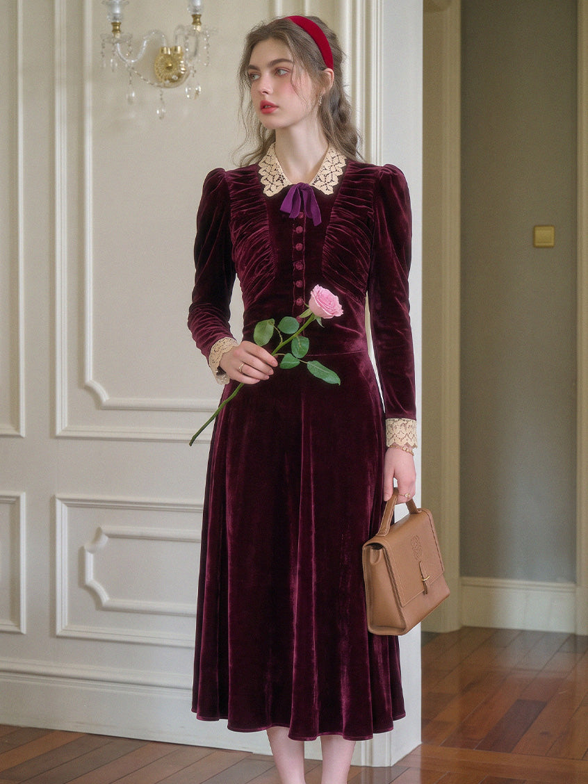 Rosalind Lace-Collar Vintage Velvet Dress