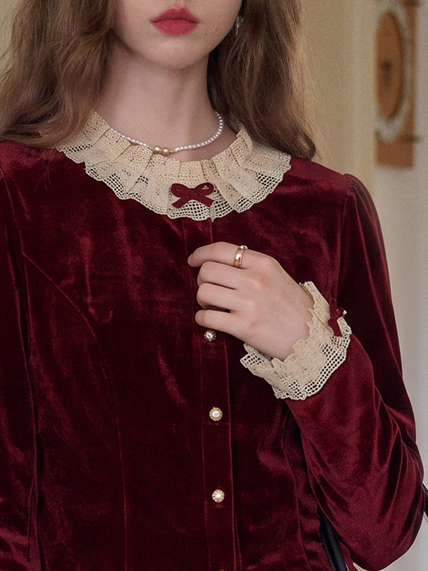Azaria Round Collar Contrasting Lace Panel Bow Velvet Top