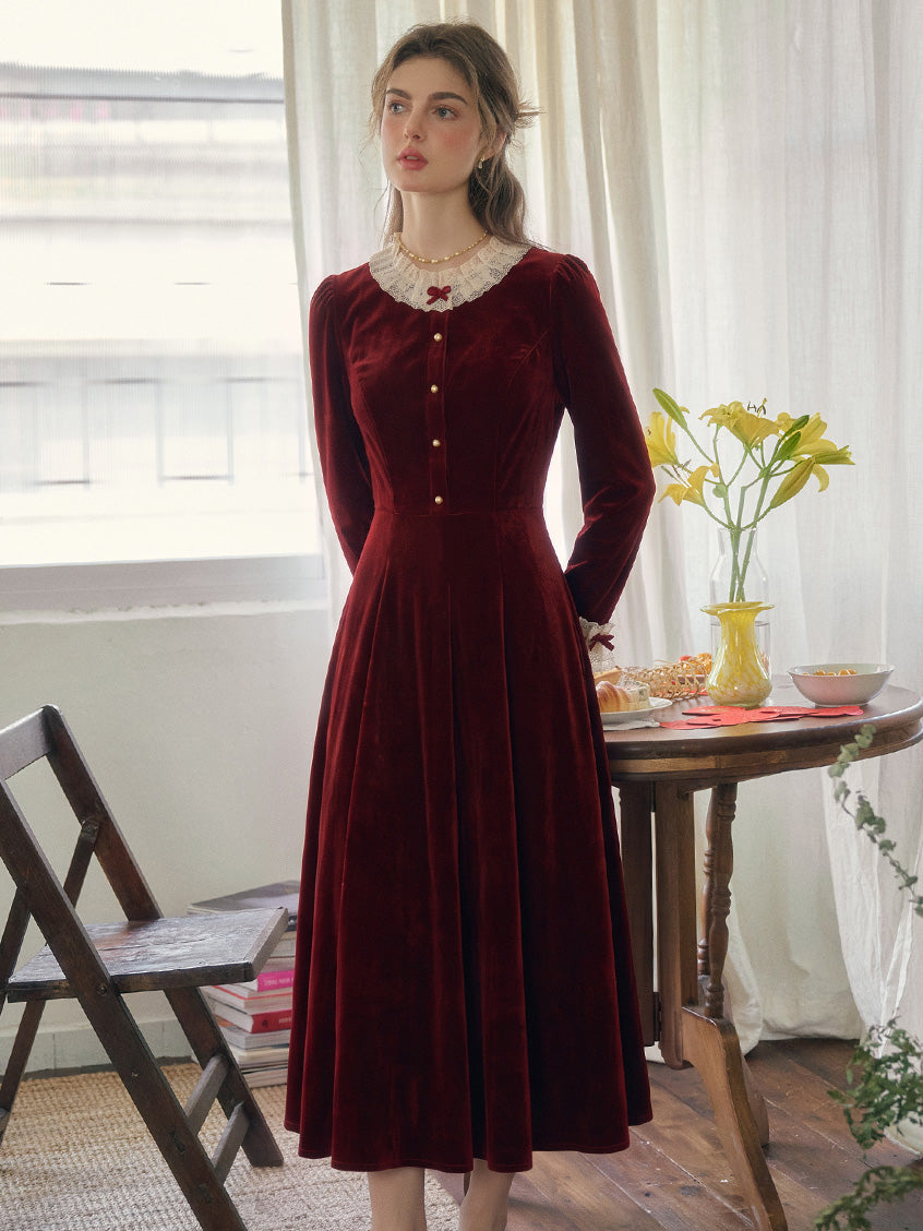 Marguerite Bow-Collar Lace-Trim Velvet Dress