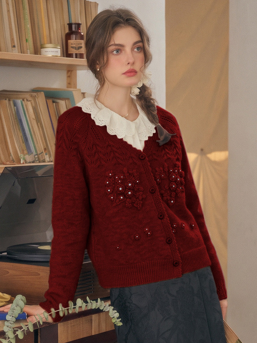 Ottilie Embroidered Rose V-Neck Cable Cardigan